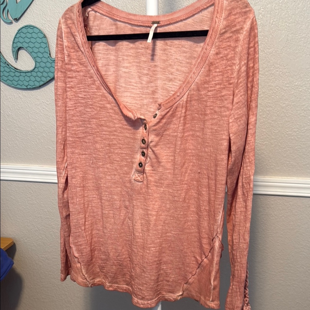 Free People Pink Henley Buttoned Blouse